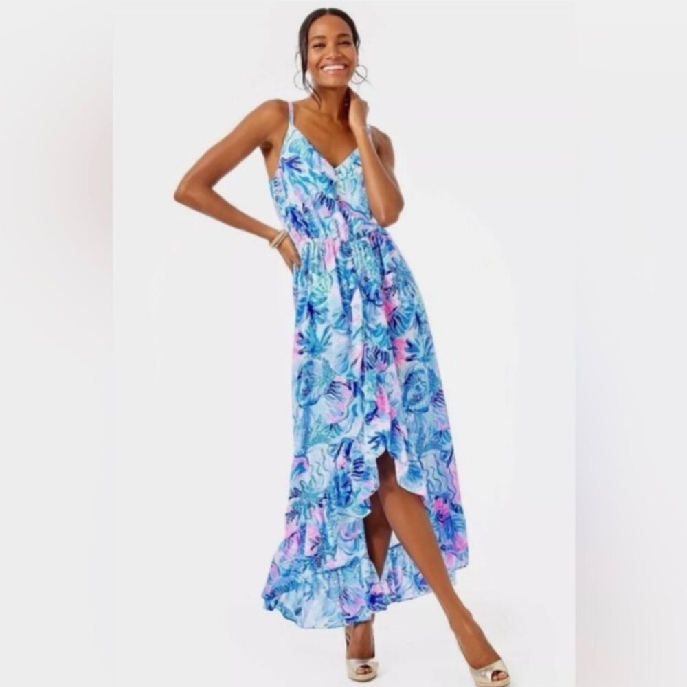 Womens Lilly Pulitzer Print High Low Ruffle Dress - Large
